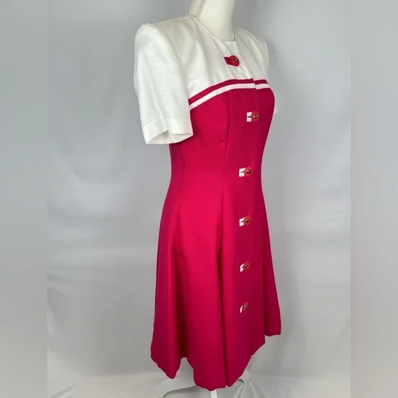 Vintage 1980s Howard Wolf Sheath Dress Short Sleeves Fuchsia Pink & White Size 4 - Picture 6 of 11